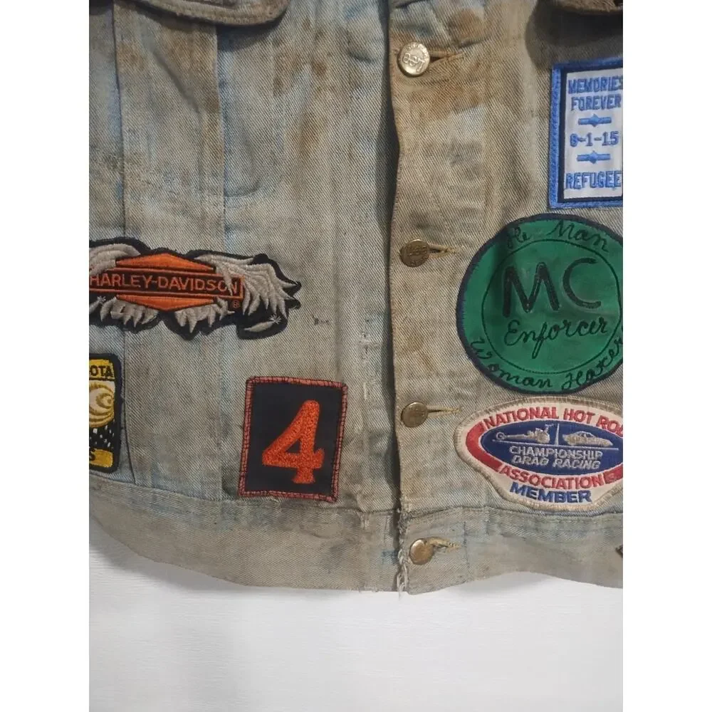 Vintage Lee Denim Vest Mens XL Blue Patches pins 70s Biker Trucker Cut Off Jean